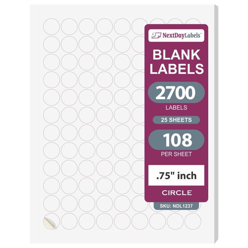 NextDayLabels 0.75 Inch Round Circle Stickers White for Bleeds Laser Inkjet - 108 Per Sheet Self-Adhesive Color Coding Inventory Labels Made in USA - 2700 Labels - Image 1